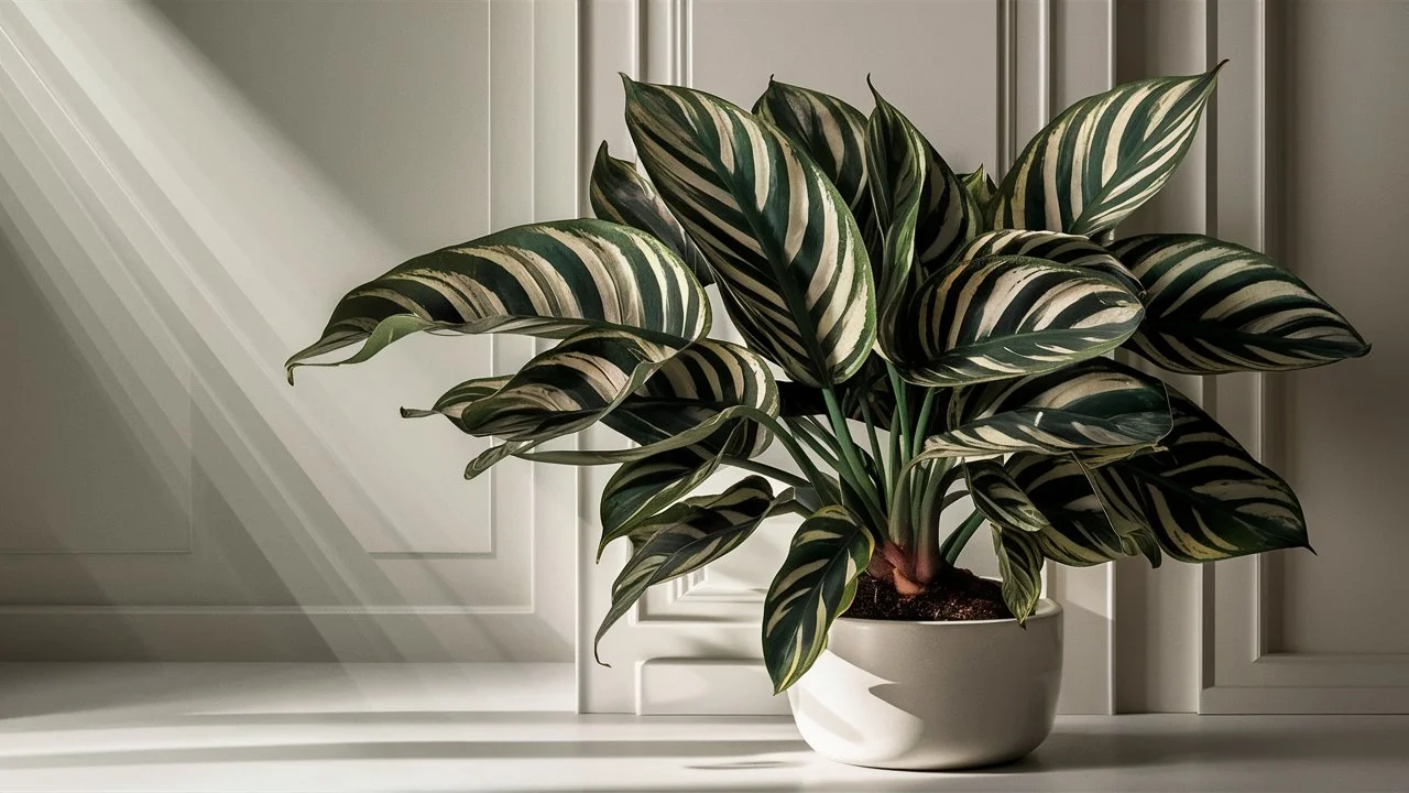 An elegant calathea plant showcased in a white pot on a table.