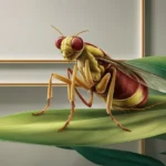 A fungus gnat perched on a leaf, framed in white.