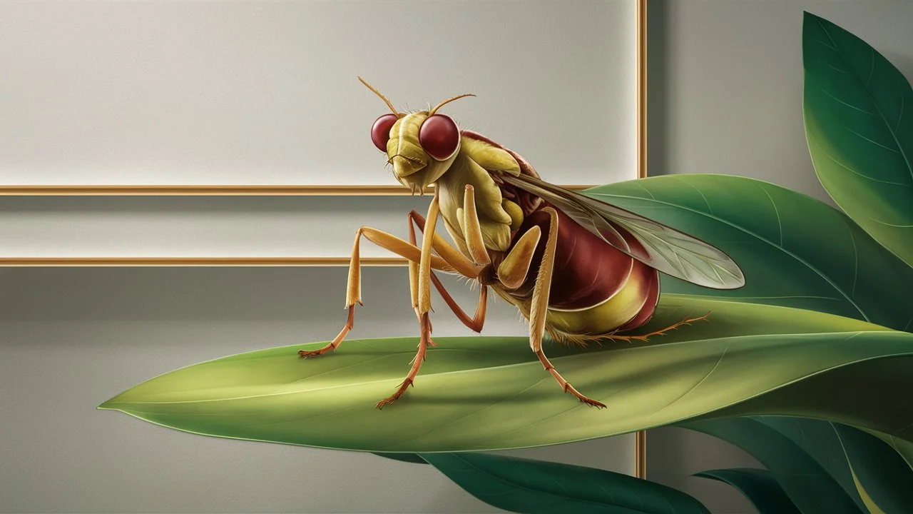 A fungus gnat perched on a leaf, framed in white.