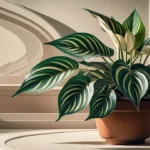 A potted Zebra plant placed on a table near a wall